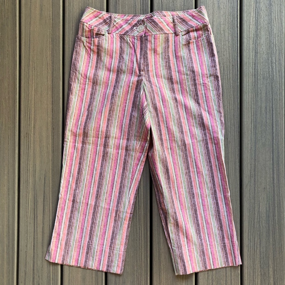 Focus Lifestyle Multicolor Striped Linen Blend Wide Leg Cropped Pants Size 10